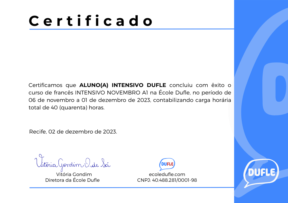 Certificado Aluno Intensivo Dufle